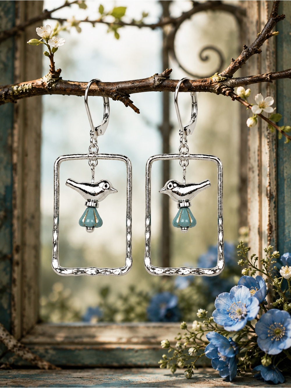 SilverSilver Bird Blue Czech Glass Flower Dangle Earrings Premium Leverbacks